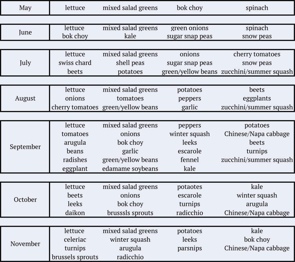 Chart of which vegetables are usually available each month, May to November